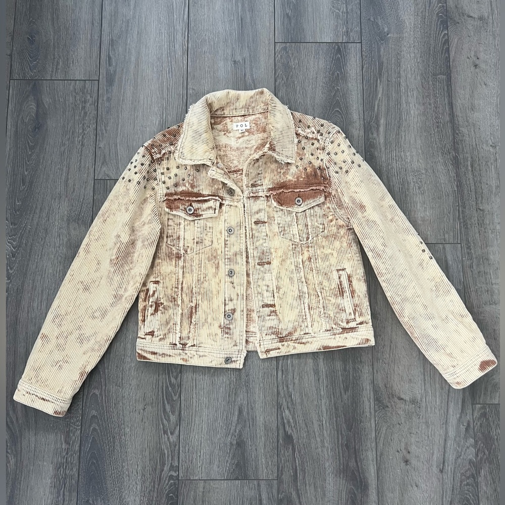 POL Rock N Roll Studded & Distressed Corduroy Jacket Beige Brown Medium - Picture 2 of 11